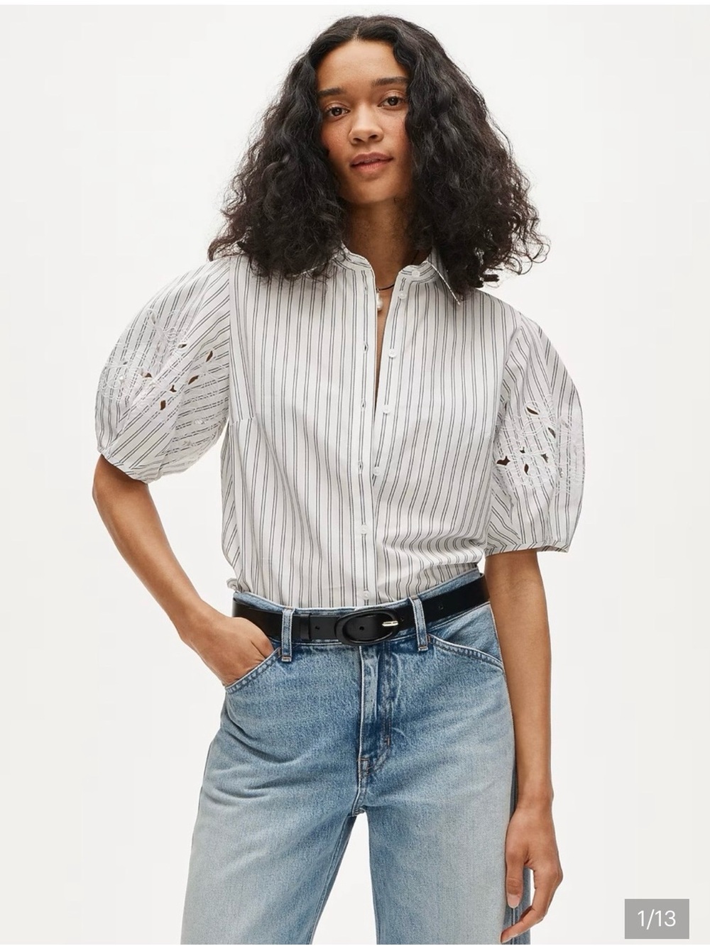 J. Crew Regenerative Cotton Eyelet puff-sleeve shirt in striped cotton poplin